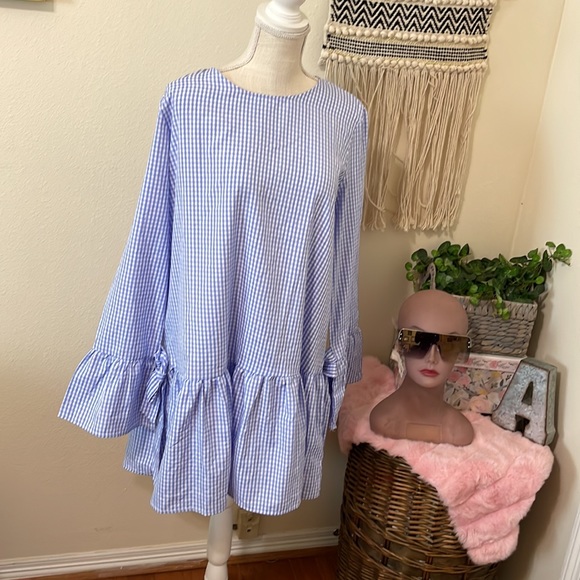 Lucy Wang Plaid Long Sleeved Blue & White Mini Dress with Bottom Ruffle/ Large - Picture 3 of 7